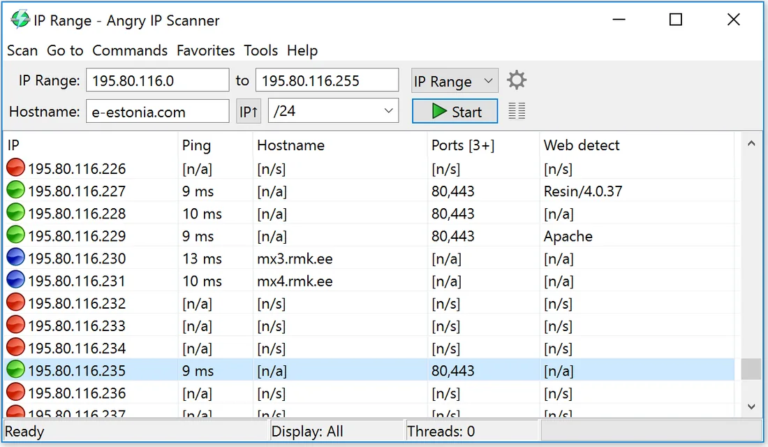 Angry IP Scanner main window after a completed subnet sweep